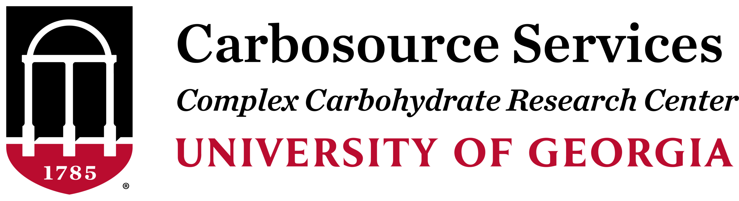 Carbosource Services logo with Complex Carbohydrate Research Center, University of Georgia text and university arch emblem.
